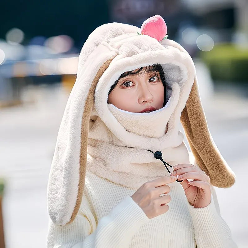Cartoon Rabbit Ear Thermal Hat: Three-in-One Design, Cute and Warm, Perfect for Cycling and Skiing, Adorable All Winter Long!/beige