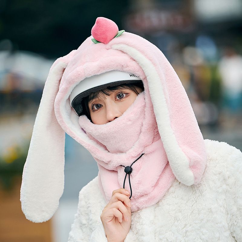 Cartoon Rabbit Ear Thermal Hat: Three-in-One Design, Cute and Warm, Perfect for Cycling and Skiing, Adorable All Winter Long!/PINK