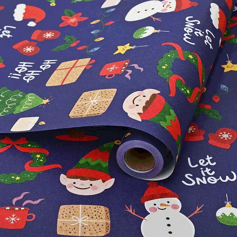 Premium Kraft Paper Christmas Wrapping Roll, 32.8 Feet (Approx. 10 Meters) Extra-Long, Festive Patterns Suitable for Multi-Scene Decoration./BLUE