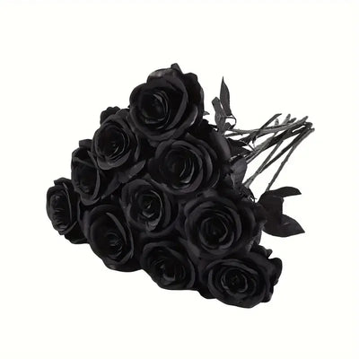 🥀 12-Pack Artificial Black Rose Bouquet, Silk Cloth Plastic Iron Wire Material, Halloween Gothic Dark-Themed Decoration, Home Floral Arrangement DIY Props, Never Fades! 🖤