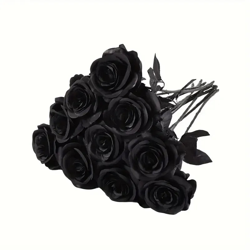 🥀 12-Pack Artificial Black Rose Bouquet, Silk Cloth Plastic Iron Wire Material, Halloween Gothic Dark-Themed Decoration, Home Floral Arrangement DIY Props, Never Fades! 🖤