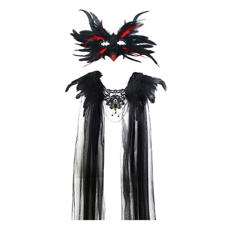 New Halloween Gothic Style Feather Lace Decorative Cape + Black-Red Demon Horn Mask COSPLAY Costume Set