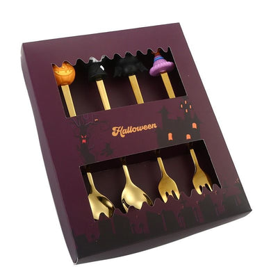 🎃 Halloween Cartoon Coffee Spoon Gift Box! Stainless Steel Pumpkin Ghost Stirring Spoon Dessert Fork, One-Piece Construction Easy to Clean, Exquisite Gift Box Packaging, Must-Have Creative Party Gift! ✨ (4-pcs GOLD)