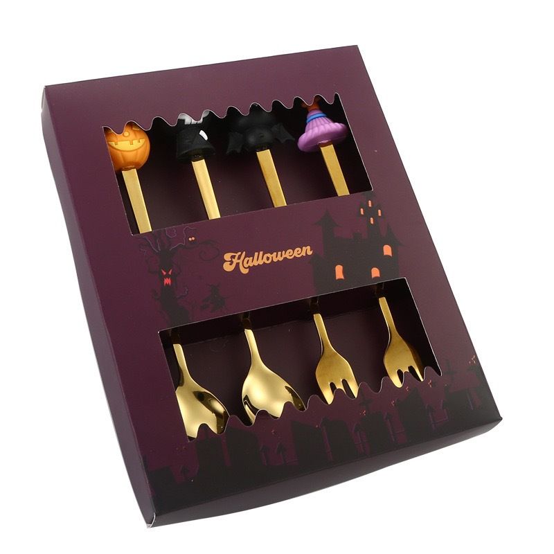 🎃 Halloween Cartoon Coffee Spoon Gift Box! Stainless Steel Pumpkin Ghost Stirring Spoon Dessert Fork, One-Piece Construction Easy to Clean, Exquisite Gift Box Packaging, Must-Have Creative Party Gift! ✨ (4-pcs GOLD)