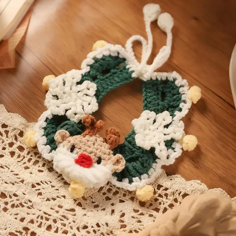 Handmade Yarn Pet Neckerchief, Christmas Photo Must-Have, Comfortable, Breathable & Adjustable. Reindeer Crochet Neckerchief: Size M