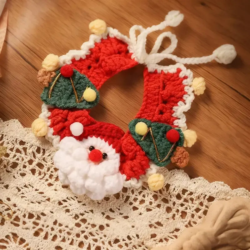 Handmade Yarn Pet Neckerchief, Christmas Photo Must-Have, Comfortable, Breathable & Adjustable. Santa Claus Crochet Neckerchief: Size S