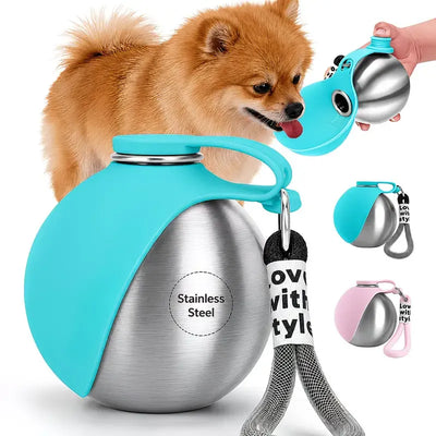 Portable Stainless Steel Cat & Dog Water Bottle, Leak-Proof 2-in-1 with Bowl, One-Press Drink & Feed for Outdoor Walks & Travel, Lightweight & Easy to Carry, Pet Essential./blue