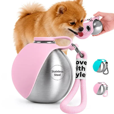 Portable Stainless Steel Cat & Dog Water Bottle, Leak-Proof 2-in-1 with Bowl, One-Press Drink & Feed for Outdoor Walks & Travel, Lightweight & Easy to Carry, Pet Essential./PINK