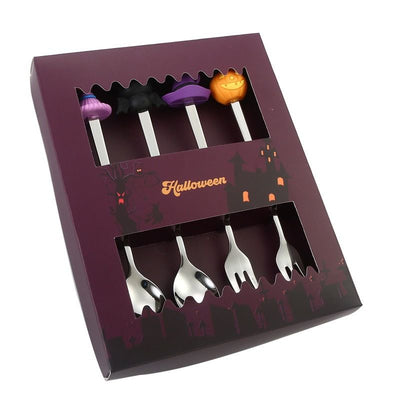 🎃 Halloween Cartoon Coffee Spoon Gift Box! Stainless Steel Pumpkin Ghost Stirring Spoon Dessert Fork, One-Piece Construction Easy to Clean, Exquisite Gift Box Packaging, Must-Have Creative Party Gift! ✨ (4-pcs Silver)