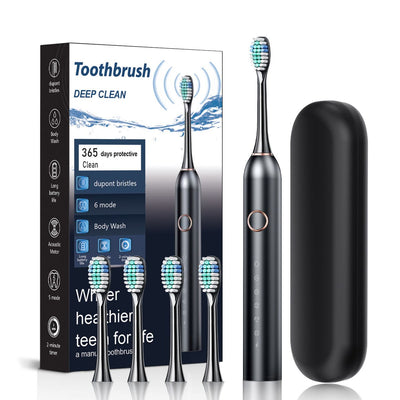 Sonic Electric Toothbrush with 6 Modes for Professional Dental Care, Deep Cleaning and Gum Protection, Ultra-Long Battery Life Up to 180 Days/Black 4 brush head+storage box