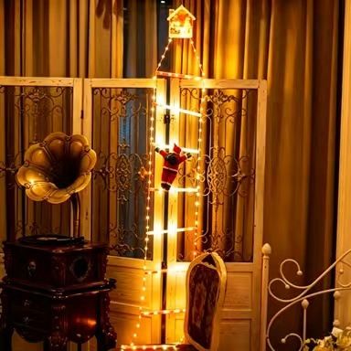 1.5M USB Remote Control Christmas Climbing Ladder Light, IP65 Waterproof with 8 Modes, Dynamic Climbing Santa, Indoor & Outdoor Holiday Decoration (Warm Light)