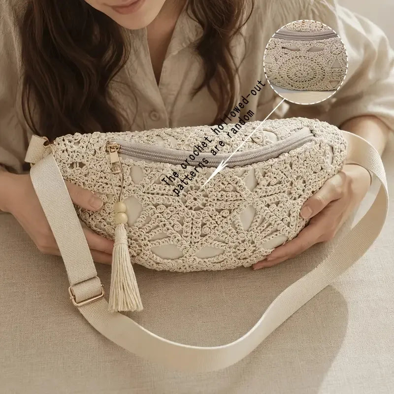 Bohemian Crochet Crossbody Bag: Handmade Openwork with Tassels, Lightweight & Spacious, Versatile for Commuting & Vacation./creamy white