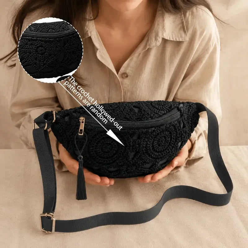 Bohemian Crochet Crossbody Bag: Handmade Openwork with Tassels, Lightweight & Spacious, Versatile for Commuting & Vacation/BLACK