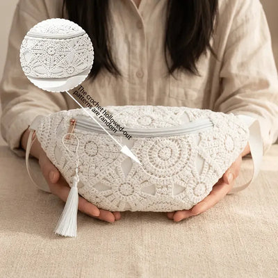 Bohemian Crochet Crossbody Bag: Handmade Openwork with Tassels, Lightweight & Spacious, Versatile for Commuting & Vacation./WHITE