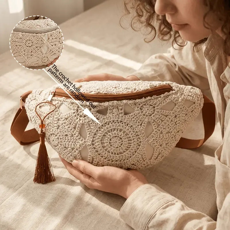 Bohemian Crochet Crossbody Bag: Handmade Openwork with Tassels, Lightweight & Spacious, Versatile for Commuting & Vacation./BROWN