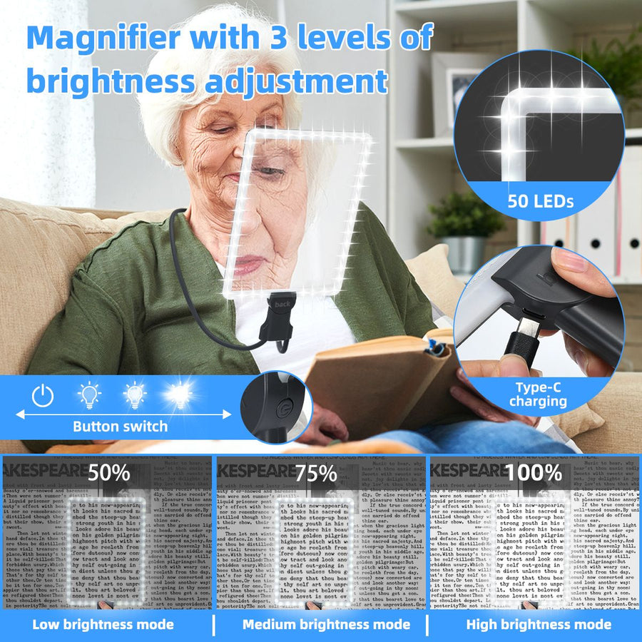 LED 5X Magnifying Glass with Light, Type-C Charging with Three Brightness Levels, Full Frame Protection with Extra-Long Gooseneck – A Great Helper for Seniors' Reading and Handcraft Repairs./black