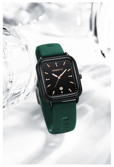 Elegant Retro Preppy Style Women's Quartz Watch - Square Black Dial with Pink Silicone Strap, Zinc Alloy Case, Non-Rechargeable Battery/GREEN