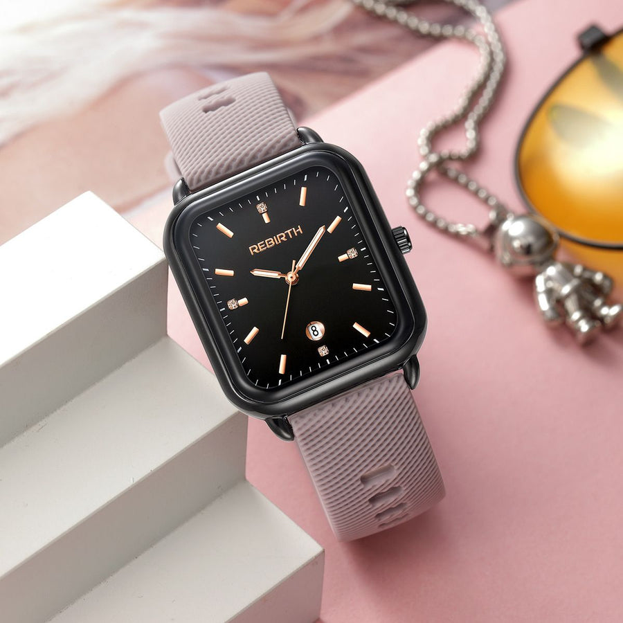 Elegant Retro Preppy Style Women's Quartz Watch - Square Black Dial with Pink Silicone Strap, Zinc Alloy Case, Non-Rechargeable Battery/purple