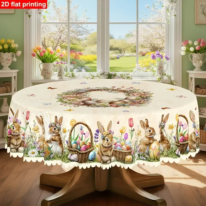 Polyester Easter Tablecloth, Bunny Egg Waterproof Printed Decoration（180*180CM/70*70IN)