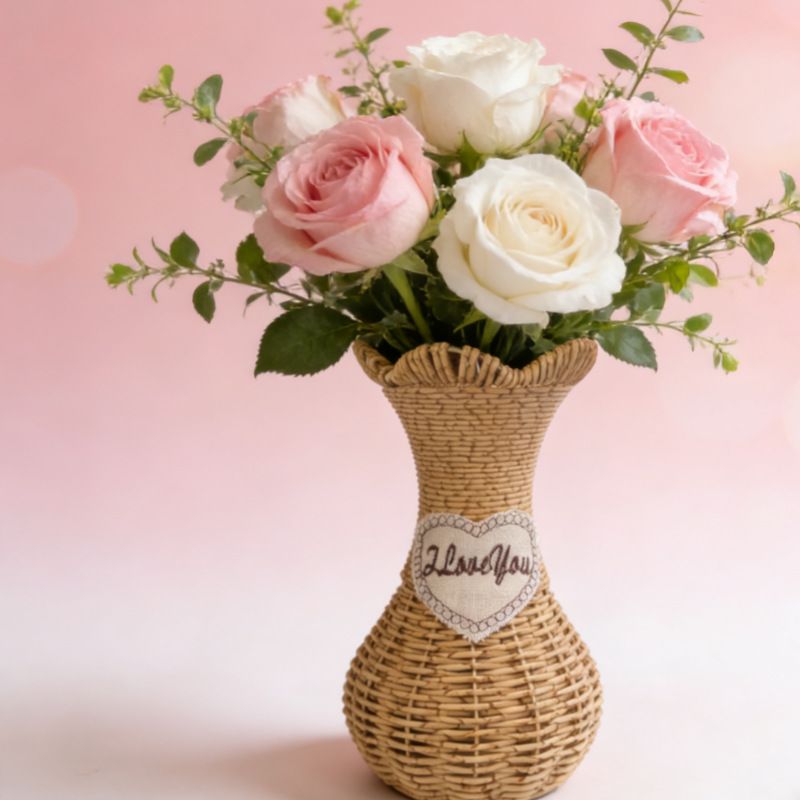 Rattan-Look Hourglass Vase, Petal Rim Adds Elegance — Handcrafted Dried Flower Décor for Living Room./Cloth mark payment