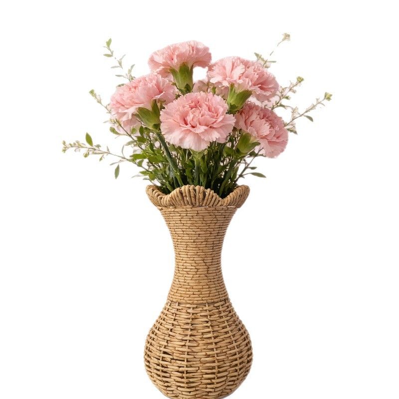 Rattan-Look Hourglass Vase, Petal Rim Adds Elegance — Handcrafted Dried Flower Décor for Living Room./No cloth standard payment