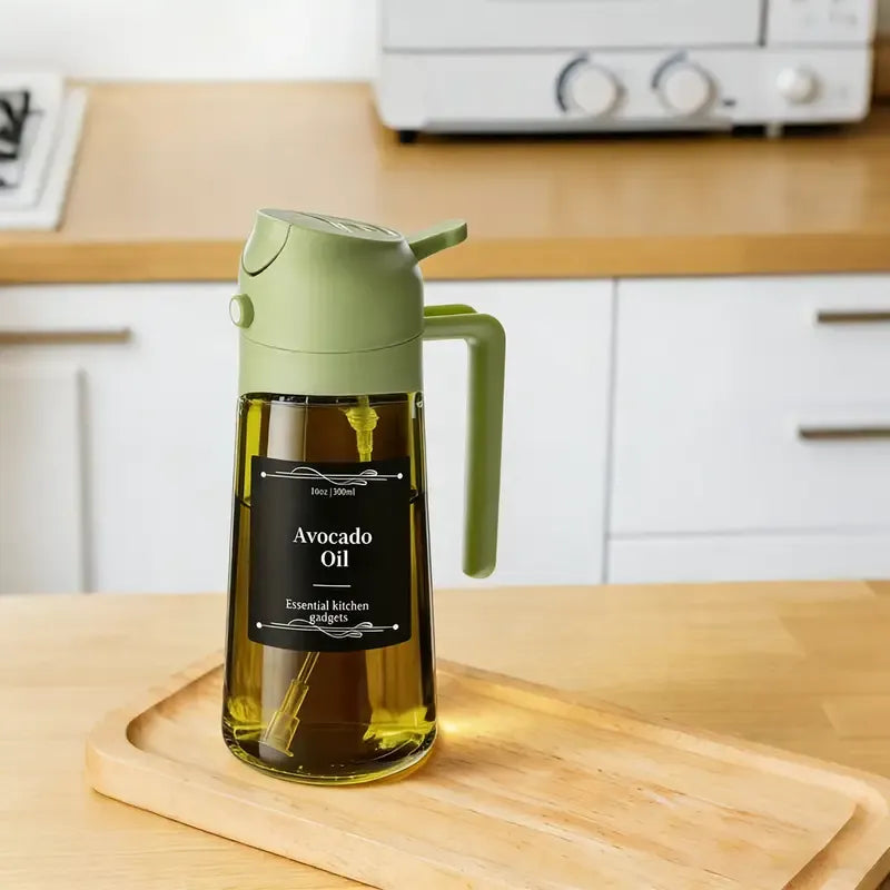 Dark Glass Light-Blocking Oil Dispenser, Dual-Use Press Spray & Pour, Kitchen Oil Control & Freshness./GREEN