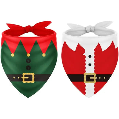 Christmas Pet Bandana 2-Piece Set: Santa and Elf Dual Designs, Red and Green Colors, Adjustable, Suitable for All Dog Sizes and Cats, Adorable for Holiday Photos.