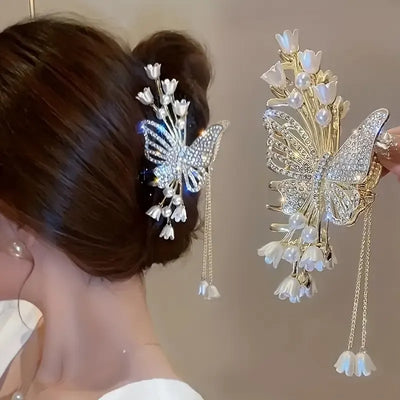 【Alloy Butterfly Tassel Claw Clip】 Fully Rhinestone-Encrusted Lily-of-the-Valley Pearls, Cascading Metal Tassels, Perfect for Updos, Buns & Side Clips, Wedding Party Luxury Socialite Style.