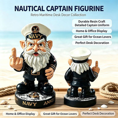 Vintage Nautical Captain Dwarf Figurine: Hand-Painted Distressed Resin, Playful Middle Finger Gesture for Stress Relief, Unique Desk and Office Decor.