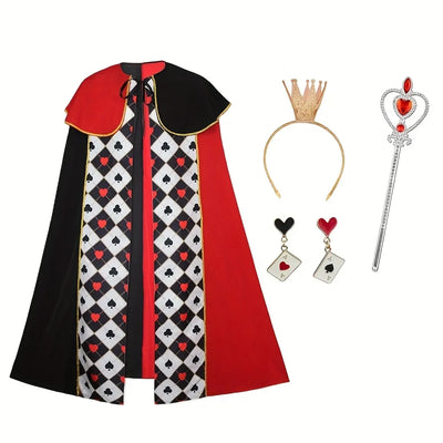 Alice Queen of Hearts 4-Piece Set, Red-Black Cape + Silver Scepter, Gold Crown, Playing Card Earrings, Top Choice for Halloween Parties.