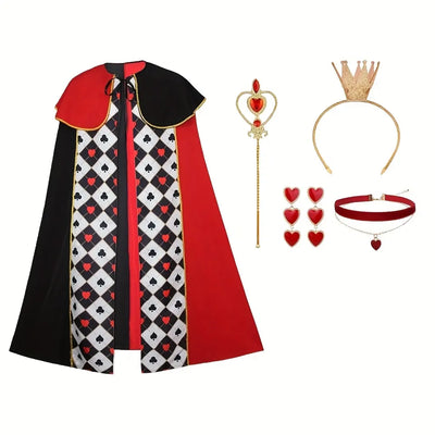 Alice Queen of Hearts 5-Piece Set, Red-Black Cape + Gold Scepter + Gold Crown + Red Collar + Love Earrings, Top Choice for Halloween Parties.