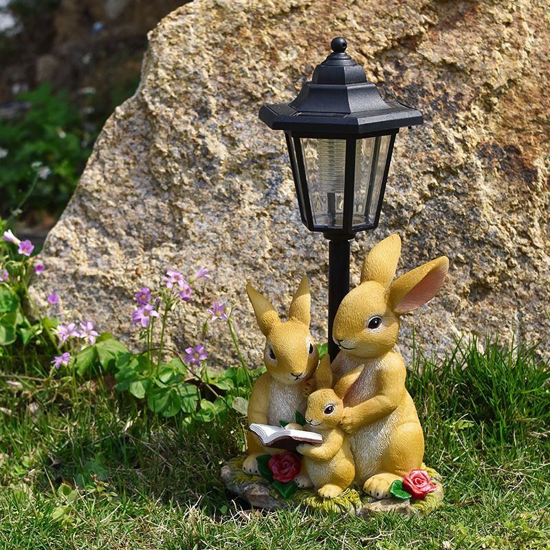 Solar Simulation Rabbit Ornament, charges by day and lights up automatically at night, three rabbits cluster around a street lamp with "WELCOME" bucket, warmly decorates courtyard and balcony, eco-friendly and healing./Rabbit's Kin