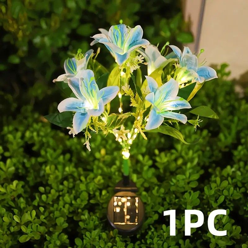 Seven Branch Solar Lily Light: Charges during the day, glows at night. Seven lilies bloom together, soft light flows like water through your garden./Light blue