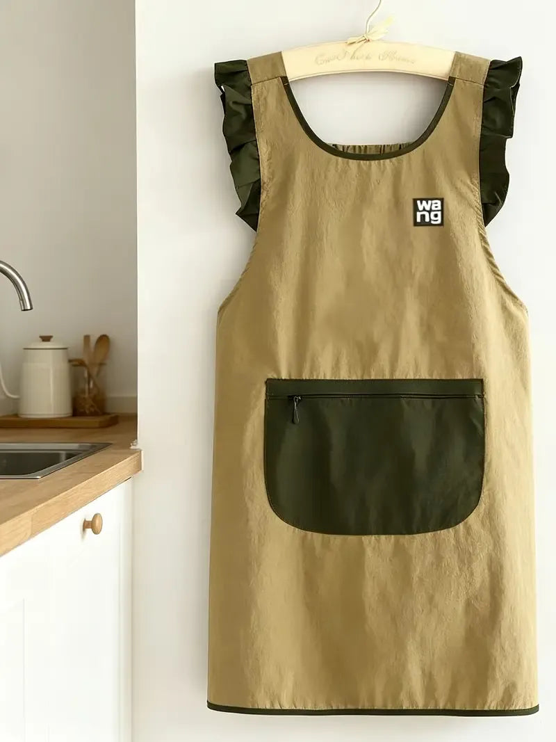 Fashion Waterproof Apron with Ruffled Sleeves, Zippered Large Pocket & Back Tie, Waterproof & Breathable Non-Stuffy, Perfect for Kitchen Baking & Home Use./khaki