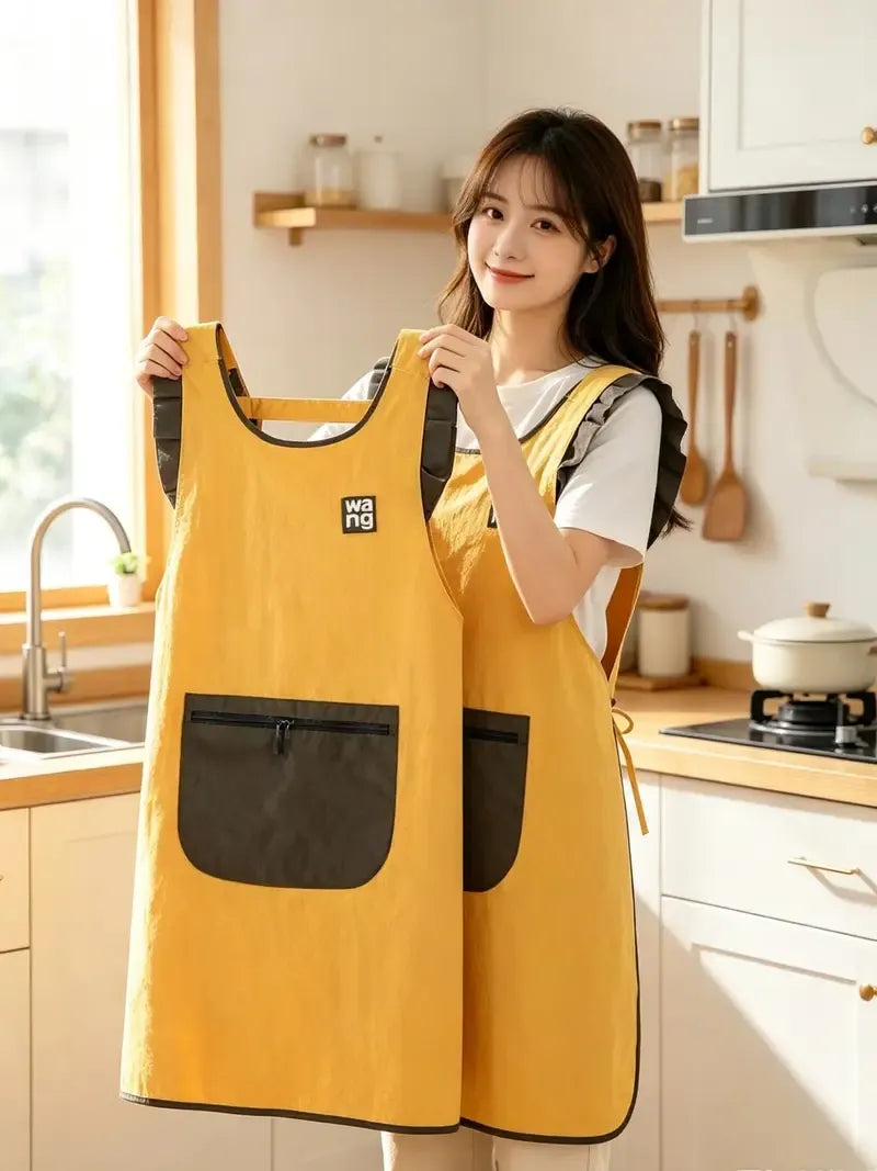 Fashion Waterproof Apron with Ruffled Sleeves, Zippered Large Pocket & Back Tie, Waterproof & Breathable Non-Stuffy, Perfect for Kitchen Baking & Home Use./YELLOW