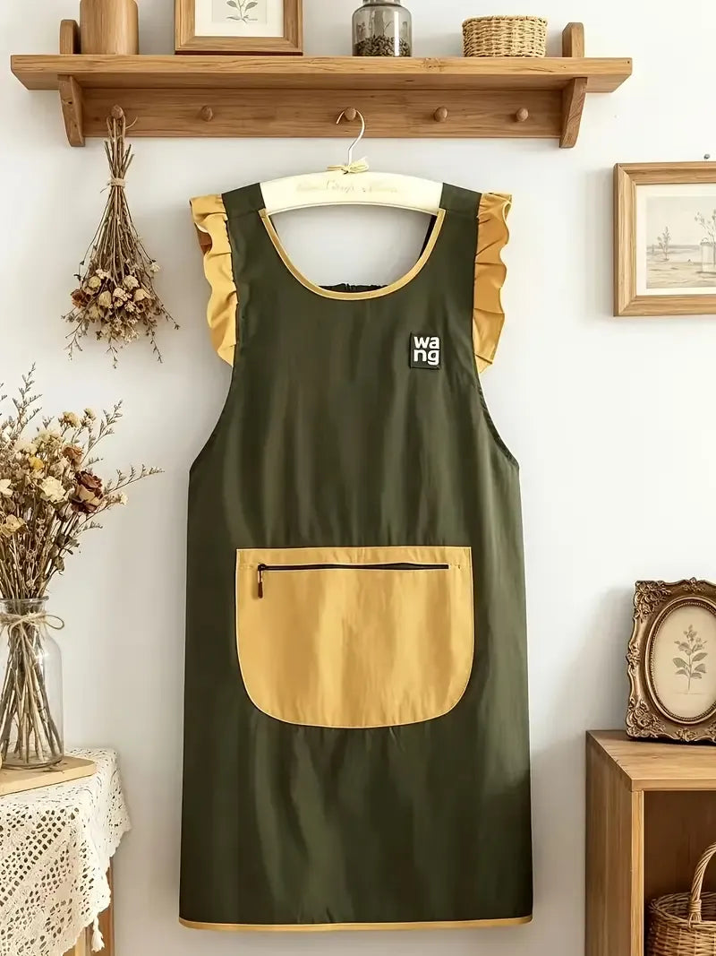Fashion Waterproof Apron with Ruffled Sleeves, Zippered Large Pocket & Back Tie, Waterproof & Breathable Non-Stuffy, Perfect for Kitchen Baking & Home Use./GREEN