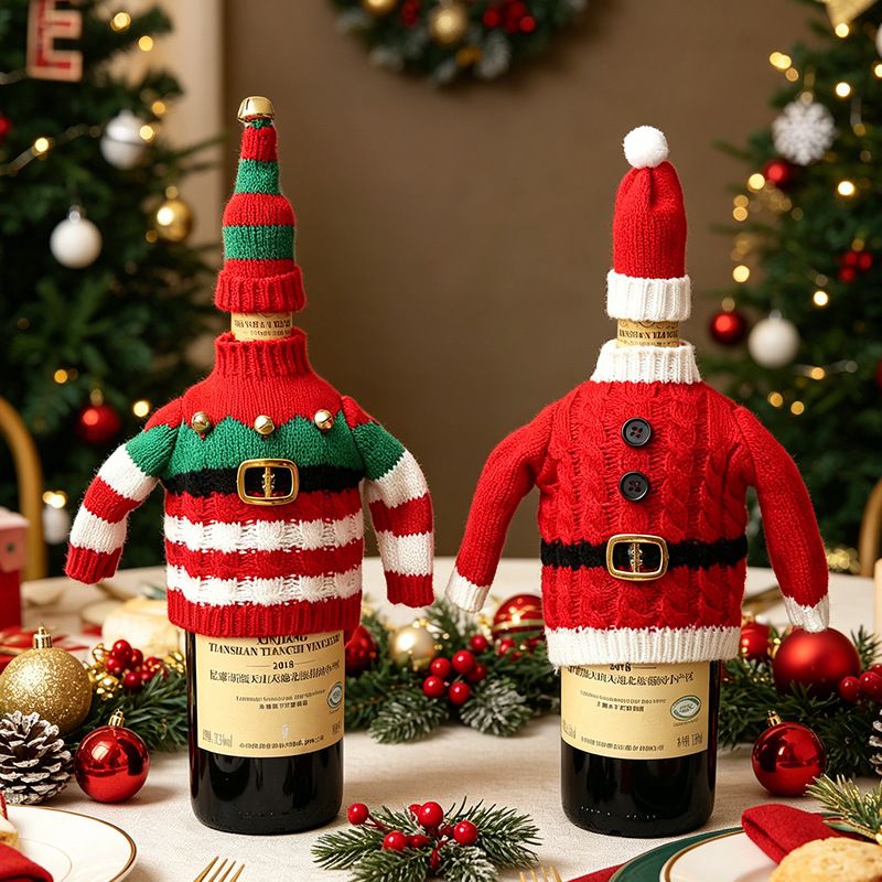 Christmas Knitted Wine Bottle Cover, Santa & Elf Styles, Cute Warm Holiday Decoration Essential./Red belt model