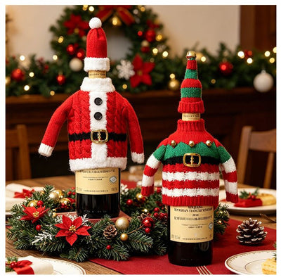 Christmas Knitted Wine Bottle Cover, Santa & Elf Styles, Cute Warm Holiday Decoration Essential./Striped belt style