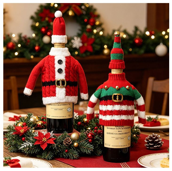Christmas Knitted Wine Bottle Cover, Santa & Elf Styles, Cute Warm Holiday Decoration Essential./Striped belt style