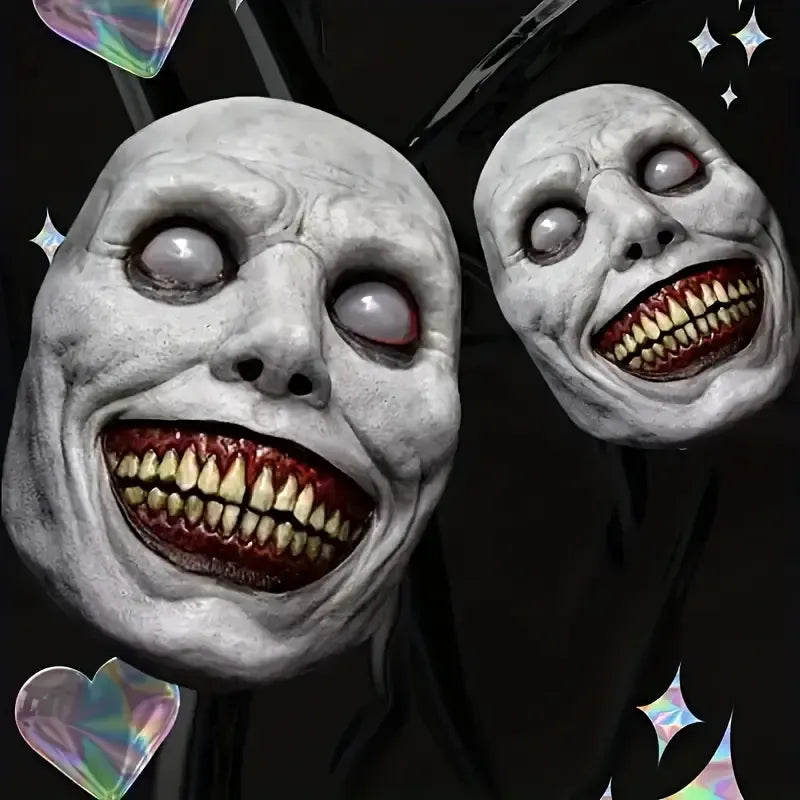 😈 Halloween Latex Horror White Face Evil Grin Mask! 22cm Realistic Terrifying Expression, Must-Have Haunted House Escape Room NPC Prop, Sharp Teeth Eyeless Design Maxes Out the Vibes, Create the Ultimate Dark Party! 🎃