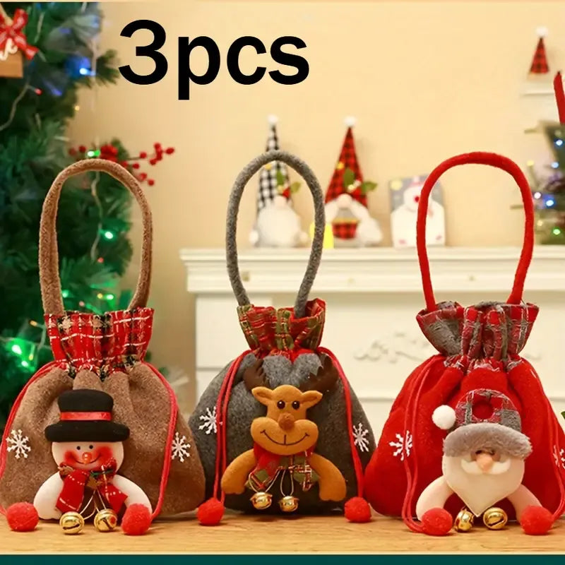 Christmas Plush Bell Bags 3-Pack: Snowman, Reindeer & Santa, Filled with Joy and Surprise