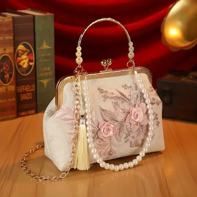 【3D Embroidery Small Square Bag】 Carved Gold Handle with Pearl Tassels, Polyester Jacquard Vintage Handbag, Versatile for Weddings, Tea Parties & Daily Commute, Luxurious Eastern Elegance./pink