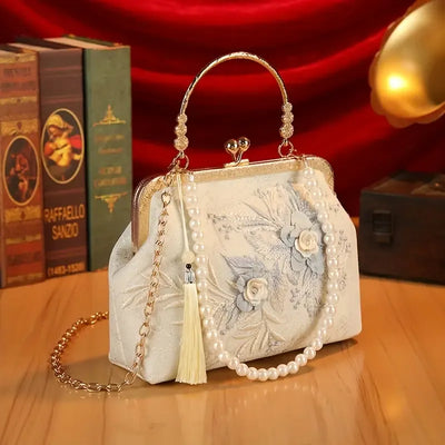 【3D Embroidery Small Square Bag】 Carved Gold Handle with Pearl Tassels, Polyester Jacquard Vintage Handbag, Versatile for Weddings, Tea Parties & Daily Commute, Luxurious Eastern Elegance./BLUE