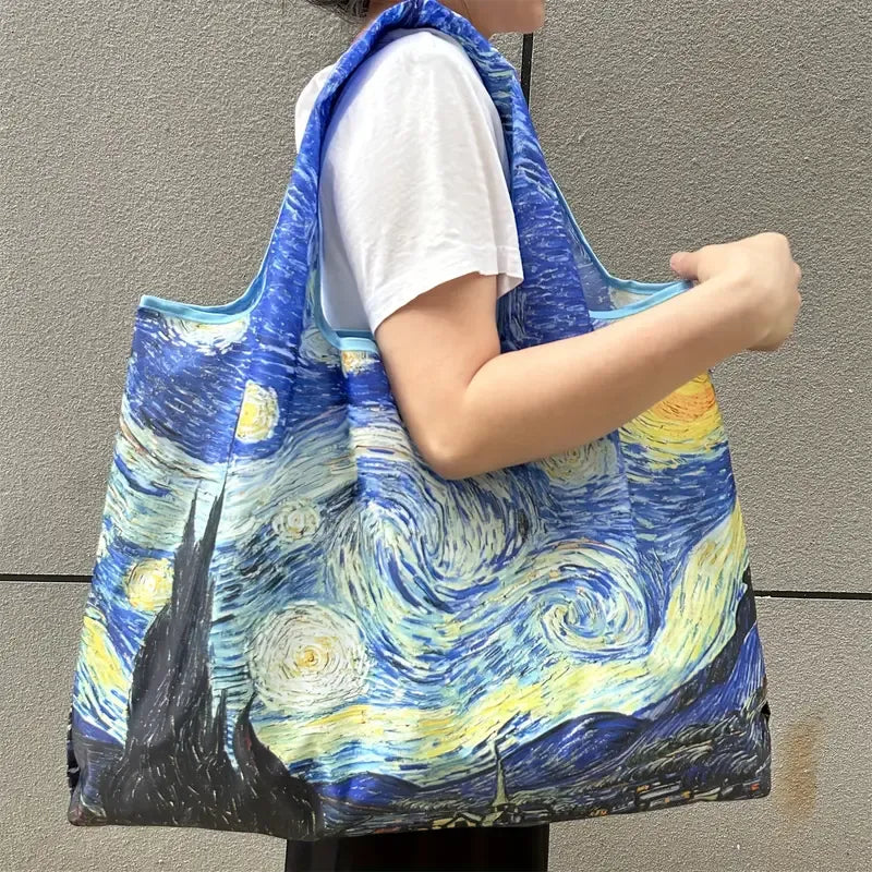 Polyester Oil-Painting Shopping Bag: Lightweight & Foldable, Large Capacity, Wear-Resistant, Shoulder/Hand Carry, Practical & Stylish.
