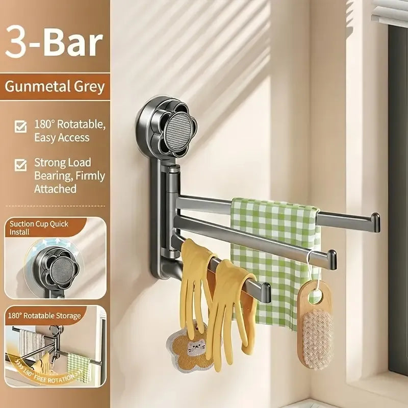 No-drill ABS Suction Cup Towel Rack, 180° Rotating Layered Storage, Dual Use for Kitchen and Bathroom, Sturdy Load Bearing and Easy to Clean./Gun gray three-shot