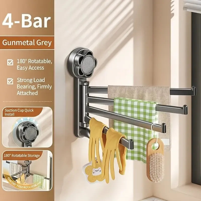 No-drill ABS Suction Cup Towel Rack, 180° Rotating Layered Storage, Dual Use for Kitchen and Bathroom, Sturdy Load Bearing and Easy to Clean./Gun gray four-shot