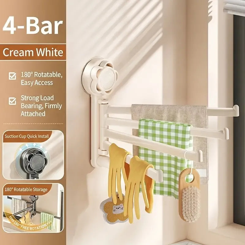 No-drill ABS Suction Cup Towel Rack, 180° Rotating Layered Storage, Dual Use for Kitchen and Bathroom, Sturdy Load Bearing and Easy to Clean./Milk white four-bar