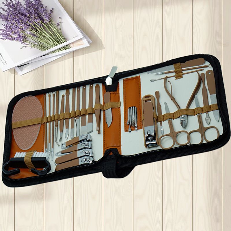 34-Piece Manicure Set: Sharp and Durable Stainless Steel Tools, All-in-One Hand, Foot, and Face Care, Portable Zippered Pouch, a Must-Have Exquisite Grooming Essential for Home and Travel!/brown