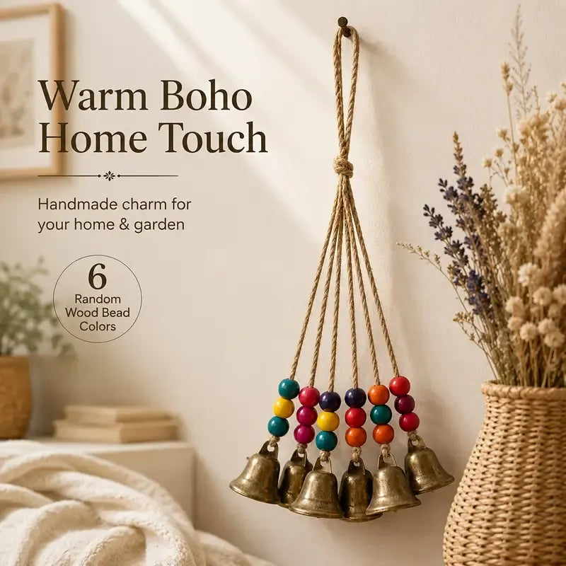 Handmade Bohemian Wind Chime, featuring jute rope with brass bells and colorful wooden beads, rings melodiously in the gentle breeze, adding natural romance to your home.