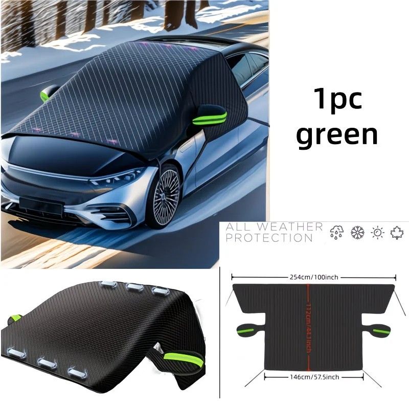 Four-Season Protection, Oxford Cloth Snow & Windshield Cover, Extra-Large Size, Sturdy and Frost-Resistant / 6-Magnet Oxford Cloth Front Shield + Side Window Cover + Windproof Straps + Green ive Strip